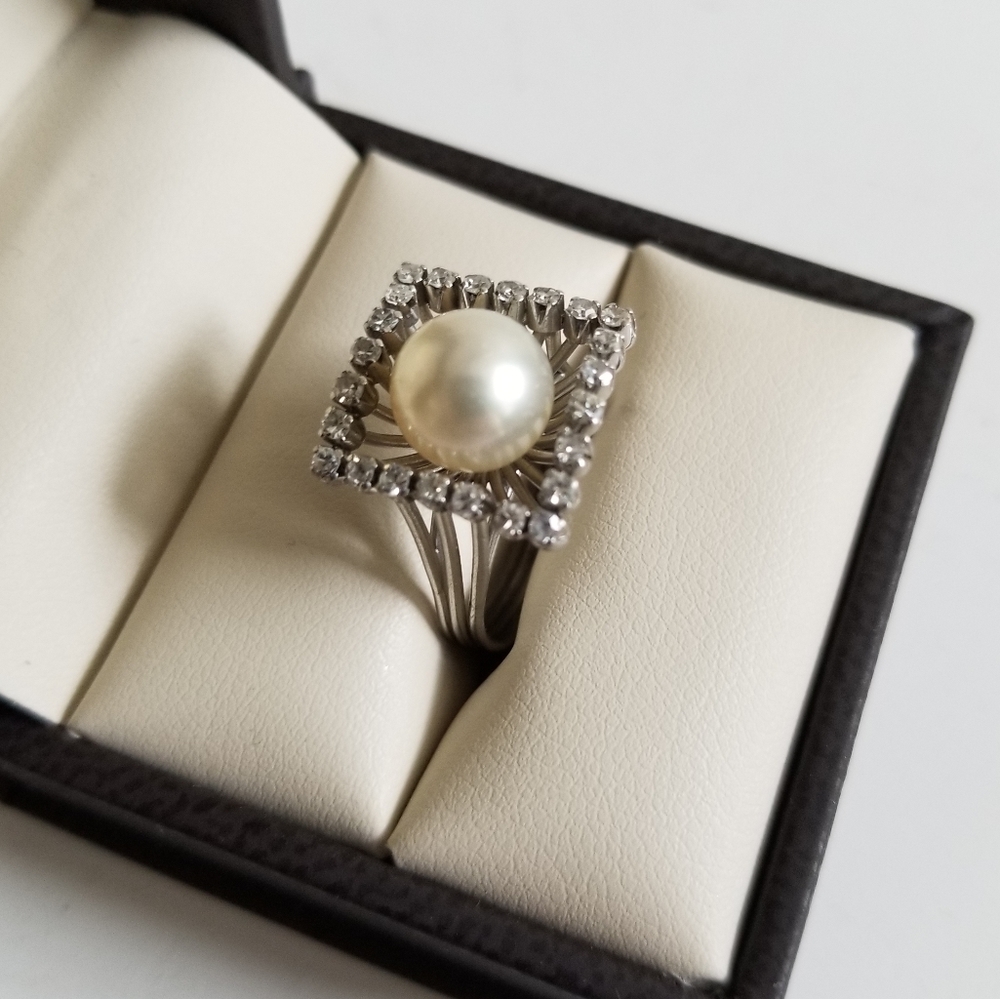 SOLD 1940's French Modern Pearl & Diamond 18k Ring